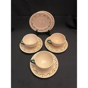 Vintage Homestead Metlox Poppytrail Green Rooster 3 Coffee Cups 5 Saucers